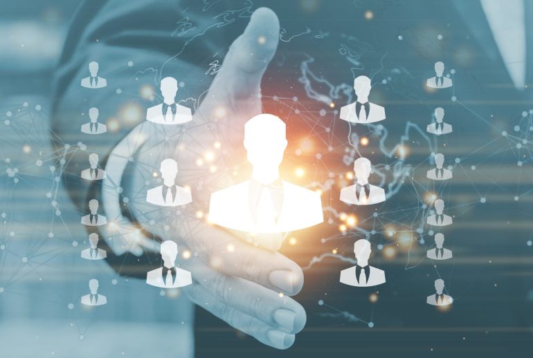 Businessman on blurred background with people connection icon and business leadership chart. Businessman on blurred background with people connection icon and business leadership chart